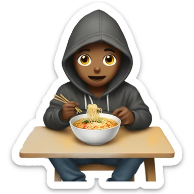 A boy wearing a hoodie sitting on a chair eating ramen sticker