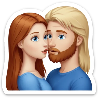 Long-pale-blonde hair, beautiful girl with blue eyes facing, kissing reddish-brown hair-beard boy blue eyed white guy sticker