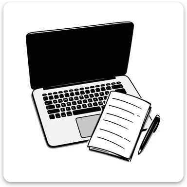 top view of a MacBook and a notebook with a pen nearby sticker