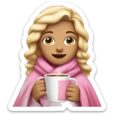 blonde girl wrapped up in pink blanket hot chocolate in hands sticker