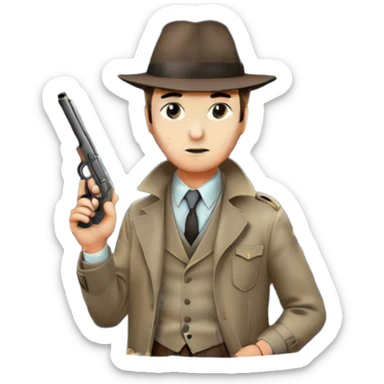 Icon for Detective Movie: A vintage movie poster-style design featuring a close-up of a detective with a gun on a dark London street under the full moon. The scene includes faint traces of blood on the asphalt, hinting at a murder. Retro cinematic typography. Transparent background. sticker