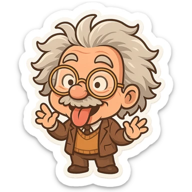 Eccentric Einstein with glasses, goofy grin, zany face, cartoon style, exaggerated playful features sticker
