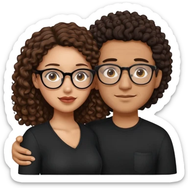 A mixed girl with glasses, the girl is wearing a black shirt, the girl has brown curly hair  and the girl has big boobs. A Mexican man is embracing her, with black bald hair sticker