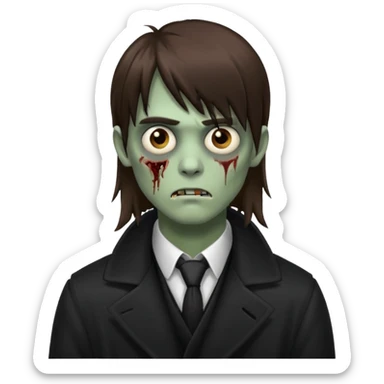 Zombie, emo guy with dark circles under his eyes and long brown hair with straight bangs, in a black long
 sticker