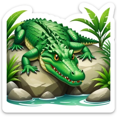 Crocodile resting, surrounded by rocks, water, and tropical plants. The green scales of the crocodile glisten under the light, with its sharp eyes focused ahead. The background features a naturalistic habitat with plants and water, giving it a lifelike feel. sticker