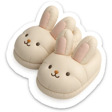illustration of bunny slippers, soft and plush, pastel colors, cute faces, cushion style sticker