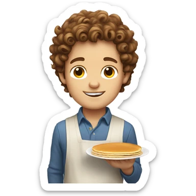 white boy with brown curly hair making pancakes sticker