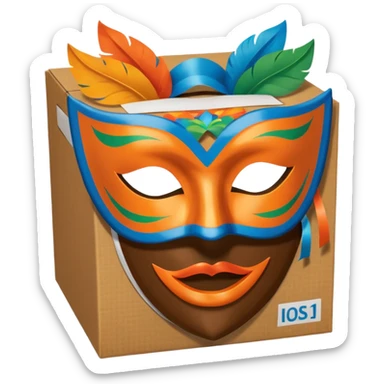 a box and a carnival mask in orange, blue and green on top of it , trying to make a carnival pack sticker