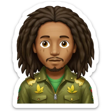 Bob Marley with long dark brown hair, olive sequin outfit sticker