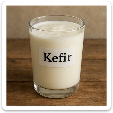 photo realistic glass of creamy white kefir with the label 'Kefir' in Italian sticker