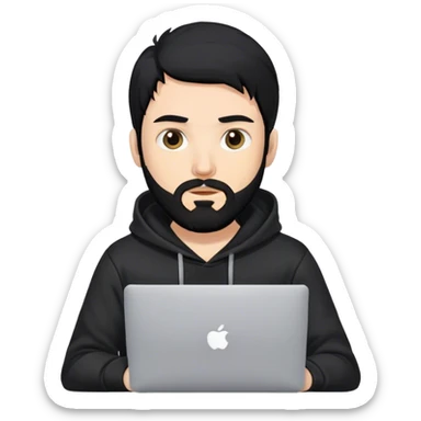 hackeur blanc cheveux noir barbe et capuche noir avec un macbook sticker