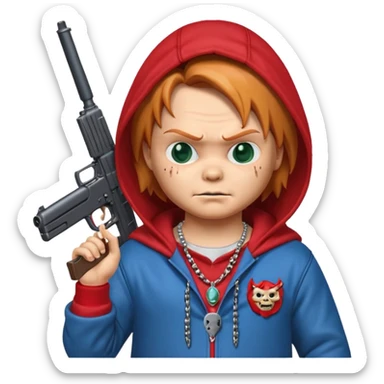 Chuky con pistola encapuchado y con collares sticker
