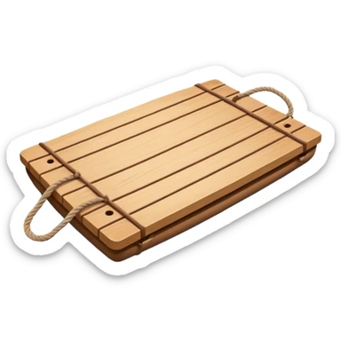 showing a simple wooden raft floating on calm blue water — made of several brown logs tied together with rope — gentle ripples around it — bright, cheerful lighting and soft shadows — minimalist, clean emoji design sticker