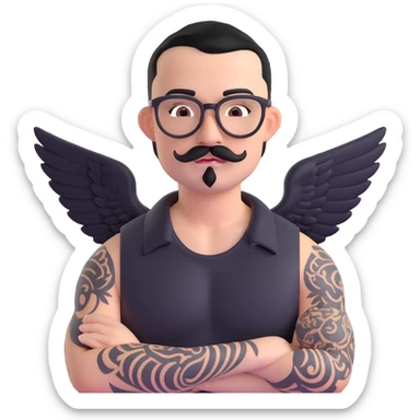 pumped up white male, glasses, buzz cut black hair, handlebar mustache black, two wings tattooed on his chest sticker