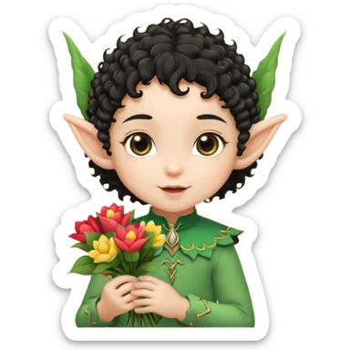 baby elf black curly hair with pointy ears, hold flowers sticker