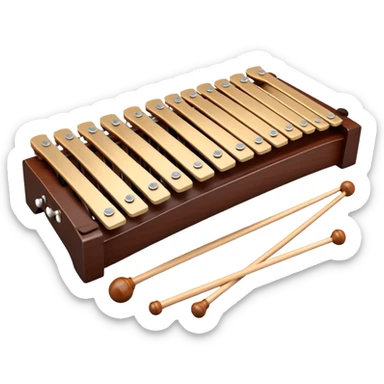 Create a detailed and professional emoji representing a Fleet FLT-SX37 orchestral wooden xylophone. The design should showcase the large, wooden bars of the xylophone arranged in a traditional layout, with a polished, smooth finish. The bars should be dark brown or mahogany, with soft metallic reflections on the resonators underneath. Include two mallets with rubber or wooden heads resting on the bars, emphasizing their role in striking the notes. The xylophone should have a sophisticated and professional appearance, with clean lines and a polished look. Add subtle musical notes or sound waves to represent the vibrant sound produced by the instrument. The background should be transparent. sticker