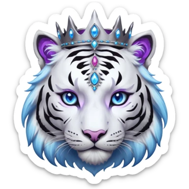 ESO Female white/black tiger khajiit leader of the umbral rose, glowing blue eyes, glowing blue 'third eye' gem; purple gemmed silver crown/tiara sticker