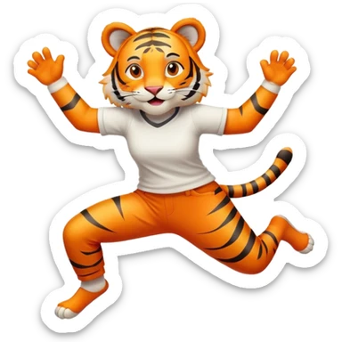 friendly anthropomorphised female tiger in a shirt and pants leaping, energetic pose sticker
