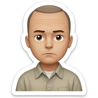 Carl from Sling Blade, serious expression, recognizable features, chin sticking out, slouching posture, no glasses, shirt with collar,  side view,show his entire body, he is standing. three-quarter face angle. He sticks his head forward. face should be more realistic sticker