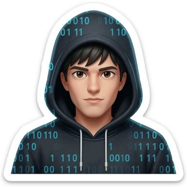 Binary system and "hacker" look, wearing a black hoodie with the hood over the head, hide the hair under the hood so it's not visible at all,  visible face with no masks or hair. sticker