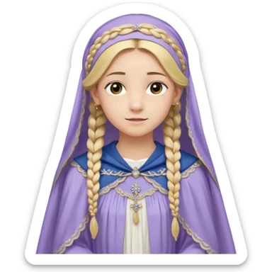 Joven de unos 20 años, de aspecto dulce y elegante.
Piel clara, ojosy expresivos, sonrisa triste.
Rubio o castaño claro, largo, con trenzas o velo.
-Vestido largo de tonos suaves (blanco, azul o lavanda), con bordados dorados; un manto o toca fina cubriendo la cabeza. de cuerpo entero  sticker