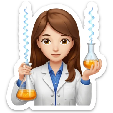 Crie emojis de uma mulher de cabelos longos castanhos farmacêutica mexendo com becker e com faiscas sticker