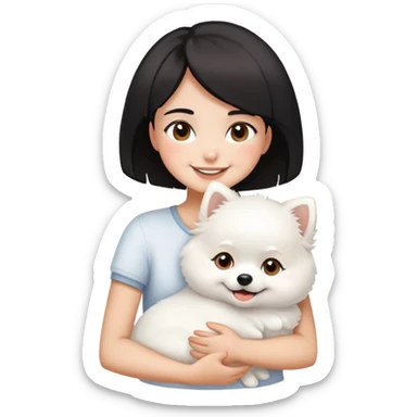 A black short-haired girl happily hugs a white Pomeranian sticker