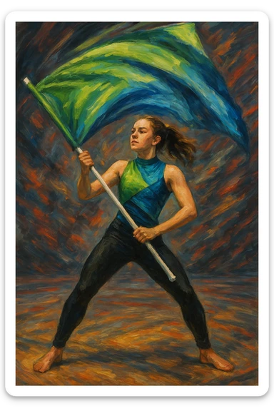 colorguard girl with a green and blue flag, black leggings, green and blue top, mid-performance, confident stance sticker