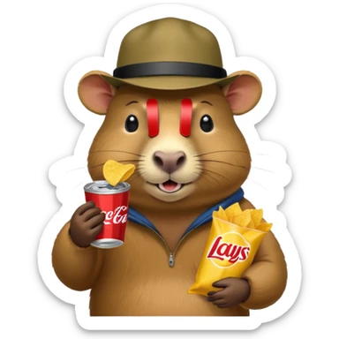 Capybara with a cool hat  eating Lays chips with coke sticker