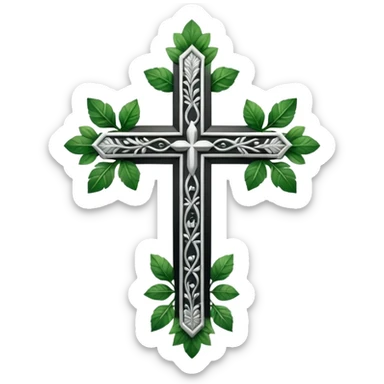 a black and white detailed cross with leaves over the top sticker