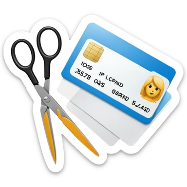 Scissors cutting ID card in 2 parts. Realistic sticker