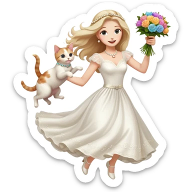 White woman - long hair - white wedding dress - holding a kitten - happy - jumping - fashionable - elegant - bouquet - dreamy - colorful - pearl accessories sticker
