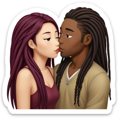 Dark Wine colored hair asian long hair, kissing young black guy with dreads sticker