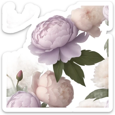 A vintage-inspired bouquet of pale violet and blush peonies resting on a lace-covered book. sticker