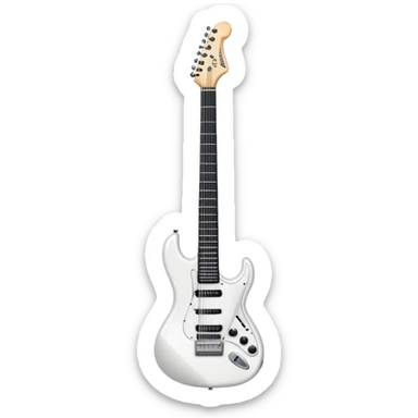 White electric guitar with sleek shiny body, black strings, and smooth neck sticker