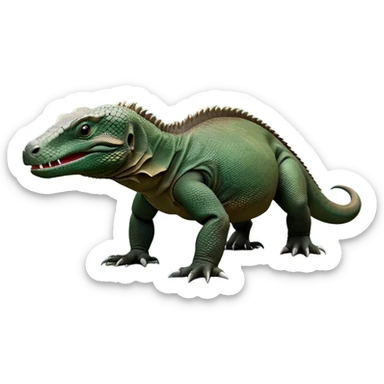 cinematic-komodo-dragon-realistic-full-body-standing on all fours-emoji,-massive-scaled-body-poised-with-quiet-power,-rough-textured-skin-dark-green-and-dark brown, black,-head-tilted-dramatically,-long-forked-tongue-flicking-out,-simplified-yet-realistic-focused-features,-highly-detailed,-glowing-with-an-almost-sarcastic-glow

 sticker
