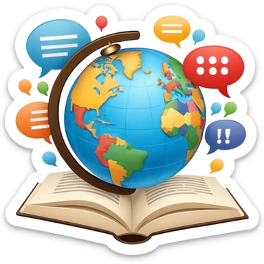 An icon showing a globe surrounded by speech bubbles with greetings in different languages, like 'Hello,' 'Hola,' and 'Bonjour.' The design includes an open book and a quill, symbolizing learning and communication. Transparent background emphasizes global connection through language. sticker