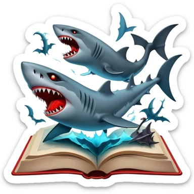 Icon for Horror & Mystery Reading: an open book with eerie glowing symbols, from which rise vampire Dracula with fangs, flying bats, a zombie hand, and a lurking shark with sharp teeth. Surrounding elements. Transparent background. sticker