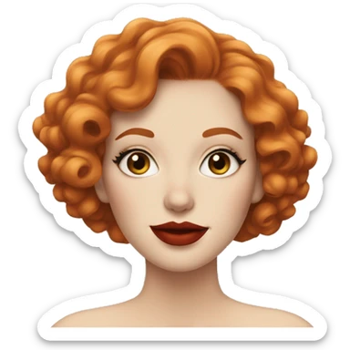 Pale Woman with short curly red hair, bright red lipstick and cat-eye makeup sticker