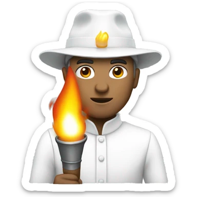 man in white pointed hat holding a torch with fire sticker