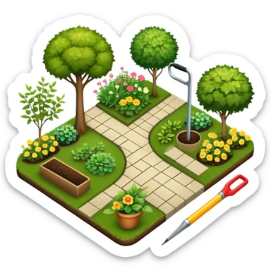Icon for Landscape Design: a garden layout with plants, trees, paths, and design tools like a spade, pencil and measuring tape. The icon should represent creativity in outdoor space planning and gardening. Transparent background. sticker