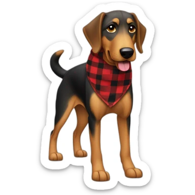adult 75% Coonhound 25% German Shepherd mix dog with visible tail wearing small pointed red buffalo plaid bandana full body walking left quickly sticker