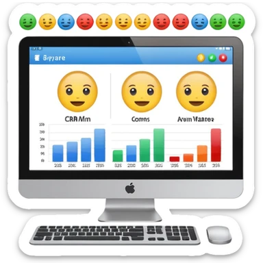 computer monitor displaying user avatars and charts, CRM software theme, emoji style sticker