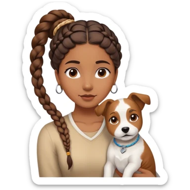 sort, 30 year old, brown girl, back braid hairstyle, with a white brown dog sticker