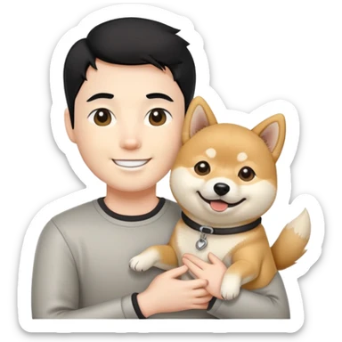Wire guy with black hair holding a happy Shiba Inu  sticker