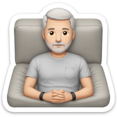 a 50 year man, short grey hair, stubble beard, laying on a ottoman of a light grey cord sofa, front view sticker