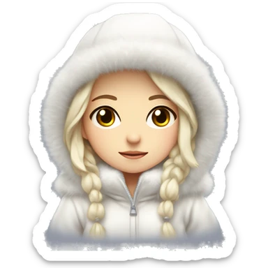 girl with fluffy white coat and white hat on head, bit stressd like droplet in anime, because it's cold sticker