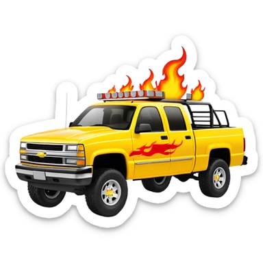 Bright yellow 1997 Chevy Silverado C-2500 Crew Cab with detailed red flame graphics on hood, 30-degree angle showing flames clearly, Kill Bill 'Pussy Wagon' truck, iOS emoji style sticker