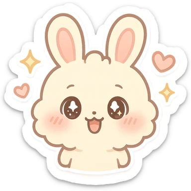 kawaii chibi-style bunny emoji with a round fluffy face, sparkly eyes, blushing cheeks, pastel color palette, happy mood, soft rounded design, anime-style, sparkles and hearts, vector art sticker