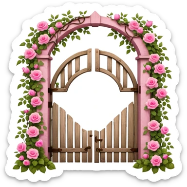 a garden's gate made of wood, with pink flowers all around it sticker